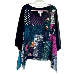 •Joseph Ribkoff Black Print Blouse Sz 8. Sheer 3/4 sleeves.Like New